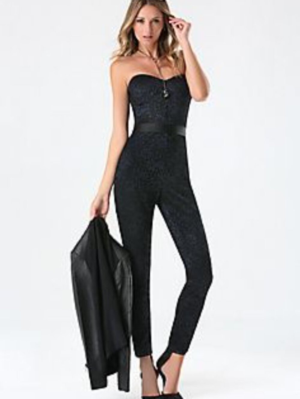 Bebe Black Lace Strapless Catsuit Tuxedo Jumpsuit Satin Detail Size Small